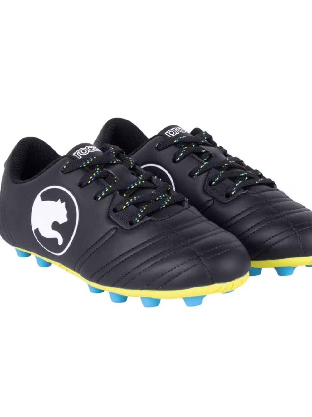 Kids Black Soccer Cleats with Yellow and Blue Accents